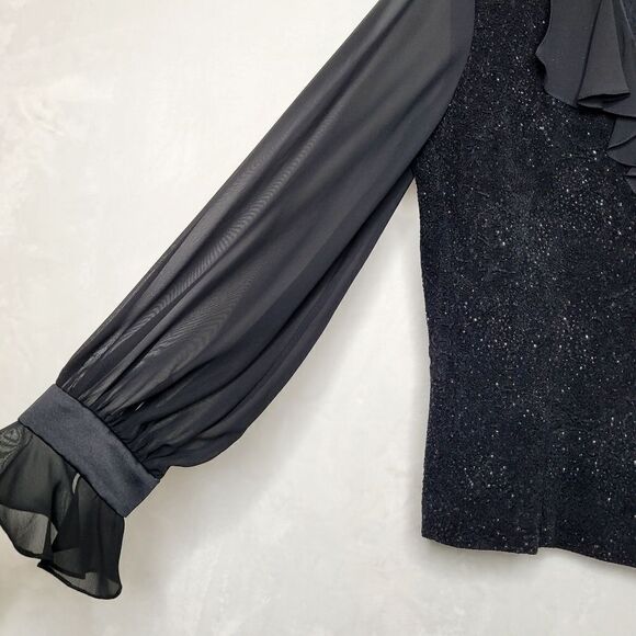 Alex Evenings Black Glitter Ruffle Button Down Top Size XL - Picture 4 of 12